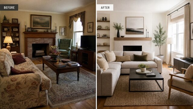 outdated. A side-by-side display of a living space transformation, from dated to contemporary, highlighting modern elegance. real-estate listings.