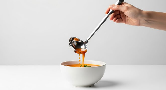 Hand ladling hot orange soup from ladle into a white ceramic bowl, a comforting meal being served