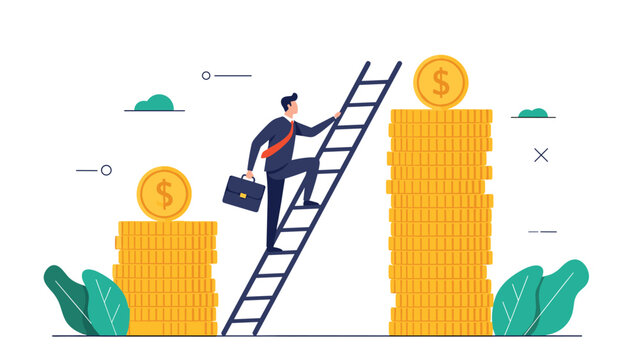 Ambitious man climbs ladder placed against large stack of gold coins representing wealth building and career success.