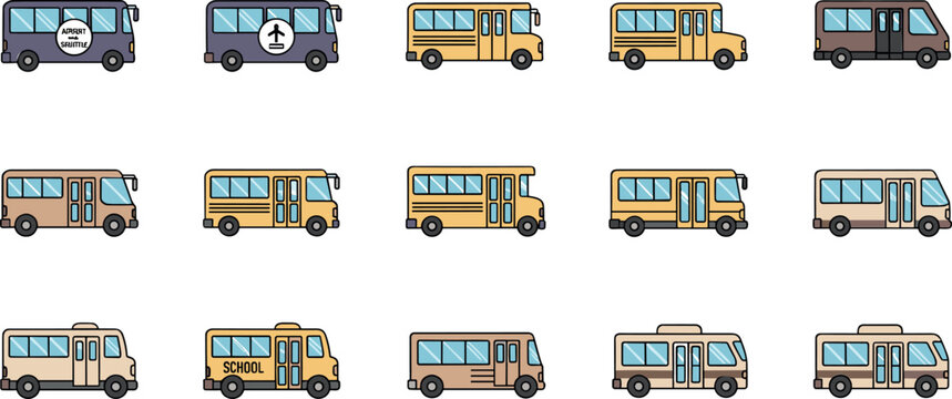 Colorful bus and school shuttle icon collection for public transportation travel and urban transit design projects