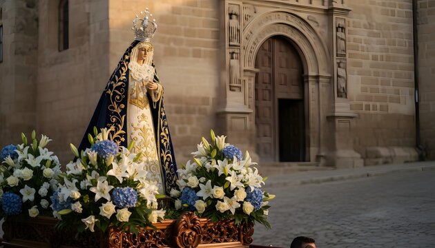 Statue of the Virgin of Carmen decorated with flowers for a religious procession concept during the traditional Fiesta de la Virgen del Carmen festival in Spain
