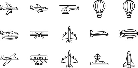 Aircraft outline icon collection with airplanes helicopters balloons airship and space shuttle for aviation travel design projects © MDNUR