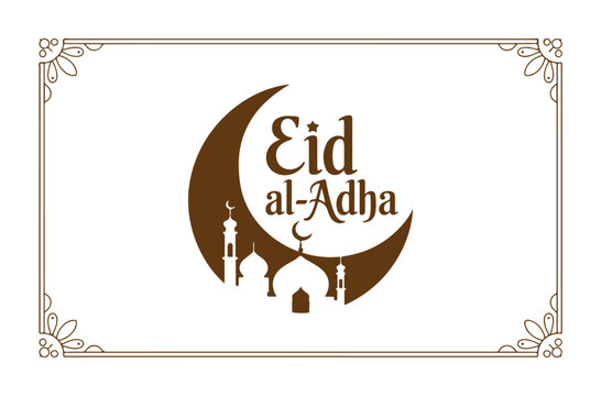Eid al-adha mubarak, traditional muslim holiday greeting card with crescent moon, mosque and decorative frame.