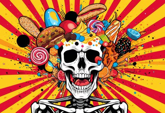 Pop art of a human skull exploding with burgers and sweets
