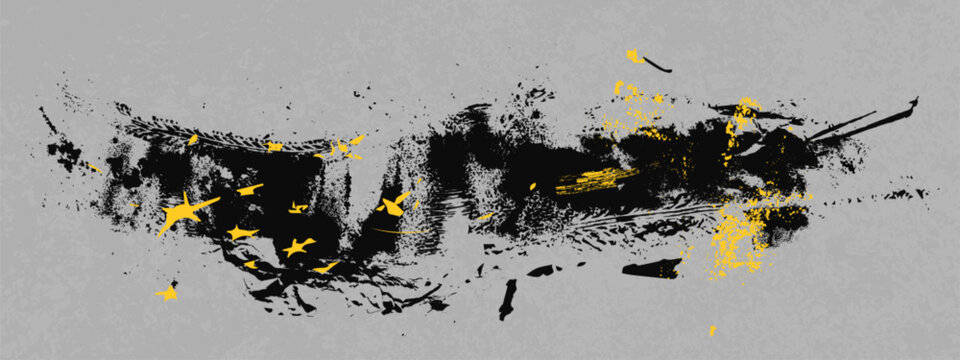 Abstract art with black and yellow splatters on gray background.