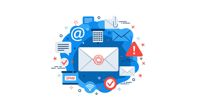 Email Marketing and Digital Communication Concept with Cybersecurity Security Icons, Spam Folder, and Messages Flat Vector Illustration