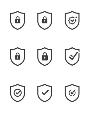 Security shield icons with padlock checkmark and protection symbols on white background