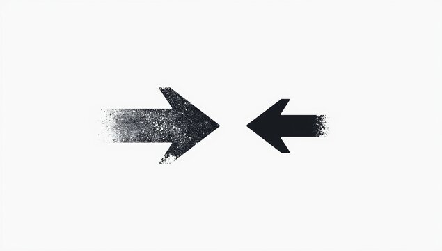 Two arrows dissolving into particles black and white graphic on a white background