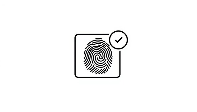 Fingerprint scan icon with check mark notification black line art on white
