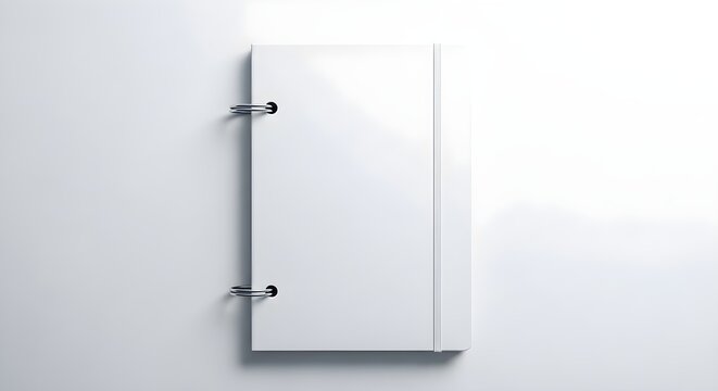 White notebook with elastic band and metal ring binding, top view