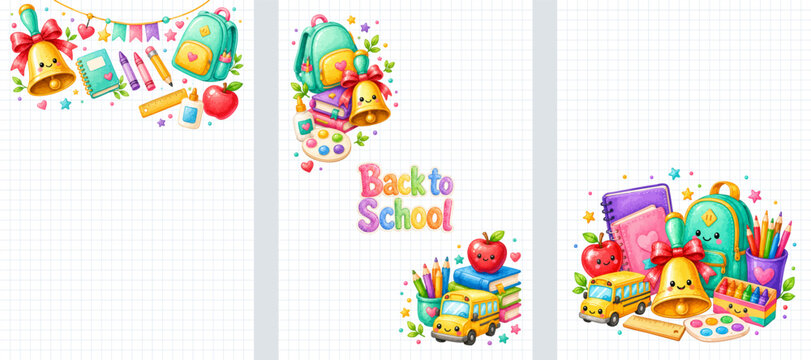 Back to school stationery page set with colorful classroom supplies, backpack, books, apple, bell and blank writing layouts. Vector illustration.