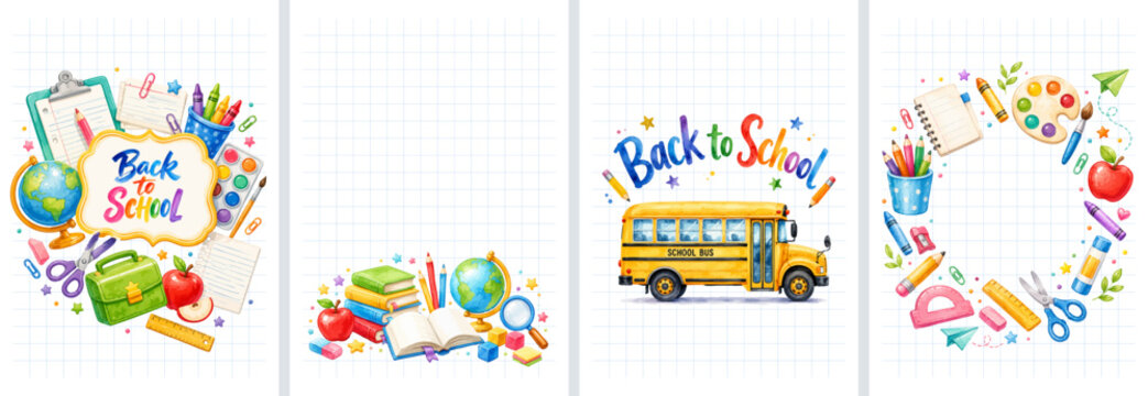 Back to school mini layout collection with globe, bus, books, pencils, apple, scissors and colorful classroom page designs. Vector illustration.