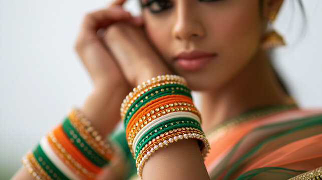 Indian woman showcasing traditional bangles with elegant attire  