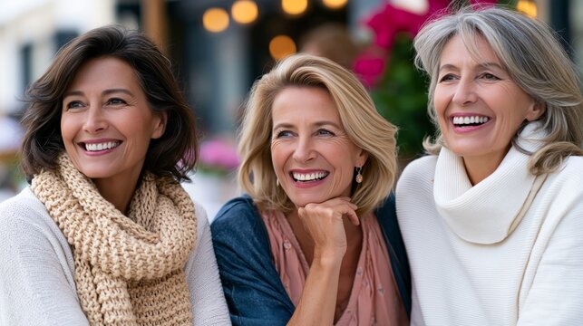 Lifestyle shot of three women aged 45 to 60 laughing together at an outdoor cafe, vibrant energy, genuine friendship, sunny afternoon light
