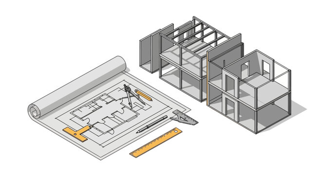 Architectural blueprint and isometric building design concept.