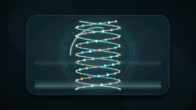 Digital DNA helix structure animation with glowing data particles in futuristic cyber background