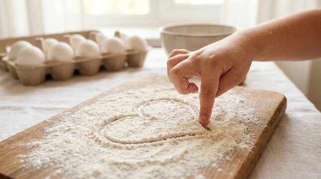 Child drawing a heart shape in white flour on a wooden board while baking in the kitchen.
