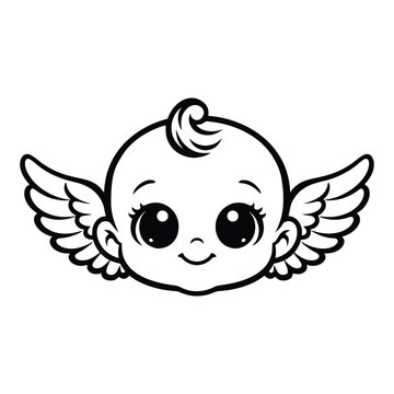 Cute baby angel face with wings in line art style, clean vector illustration ideal for religious themes, nursery decor and kids designs.