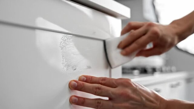 Close Up Of Hands Using A Sponge To Clean White Kitchen Cabinets.