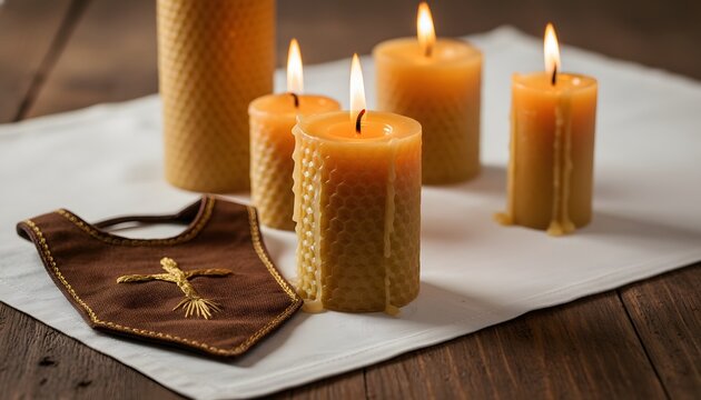 Lit beeswax candles and a brown scapular for the Fiesta de la Virgen del Carmen celebration, representing a spiritual devotion concept in a peaceful religious setting