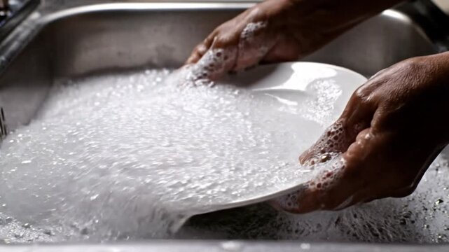 Close up of hands washing a white plate in a soapy kitchen sink.