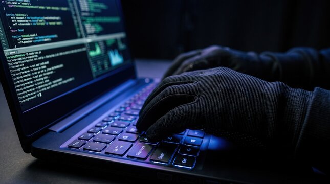 Gloved hands typing code on dark laptop keyboard with cybersecurity hacking concept for technology banner design.