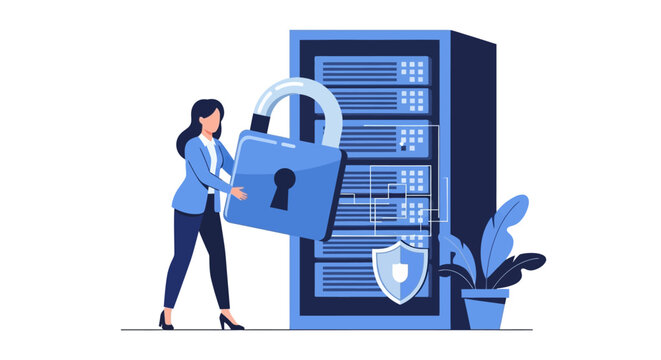 Cybersecurity Illustration of a Professional Woman Securing Data Servers with a Large Padlock and Shield, Network Safety and Privacy Protection Concept