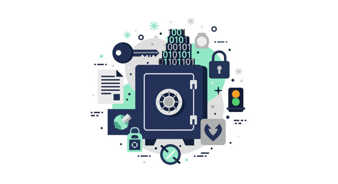 Cybersecurity and Digital Data Protection Illustration with Safe Vault, Lock, Key and Binary Code Icons