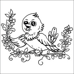 Fototapeta premium Hand drawn cute bird inside floral wreath vector illustration, line art coloring page for kids and adults