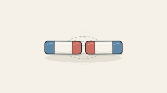 Magnetic attraction physics concept illustration showing two bar magnets with visible force field lines attracting each other on a plain background