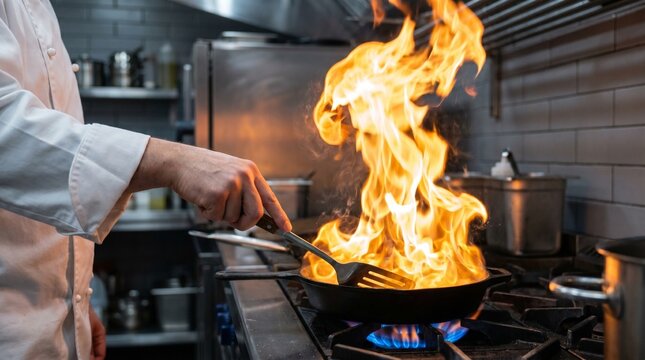 Professional chef cooking with fire in a restaurant kitchen flamb?ing food in a frying pan.