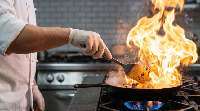 Professional chef cooking with a large flame in a frying pan on a commercial stove.