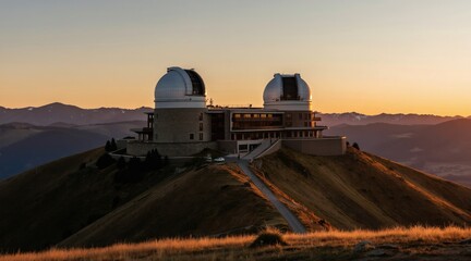 Fototapeta premium Modern observatory building on mountaintop at sunset. Complex architecture with domes houses scientific instruments. Peaceful remote location offers expansive scenic mountain views. Golden hour light.