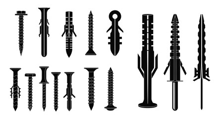Collection of various screws and anchors silhouette high quality professional detailed © Digonto