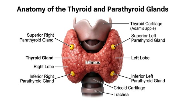 Anatomy of the thyroid and parathyroid glands with internal organs, parathyroid