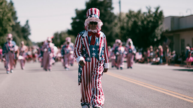 Clown dressed in American flag costume walking during parade  