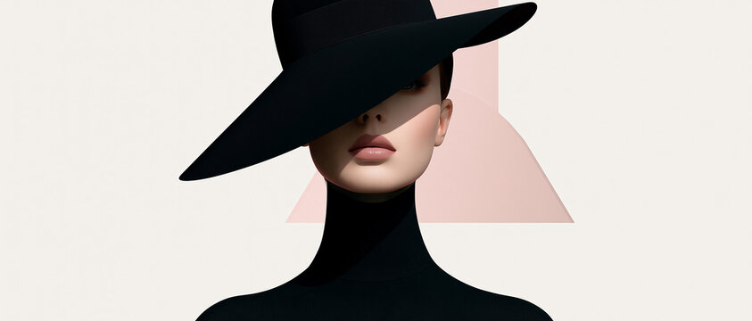 Fashionable woman in a black hat and turtleneck against neutral background  