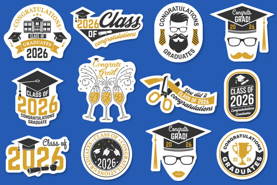 Graduation sticker pack Class of 2026 vector set with caps, diplomas and congratulation badges. Vintage style academic celebration stickers for print, branding and merchandise