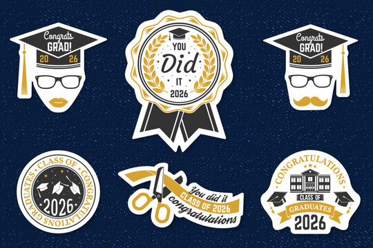 Vintage graduation badge collection with class of 2026 emblems, awards and congratulation stickers. Retro academic vector patch set for print, apparel and merchandise