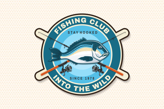Vintage sea bream fishing club patch vector badge with crossed rods and retro outdoor style. Marine sport fishing emblem design for stickers, apparel and branding