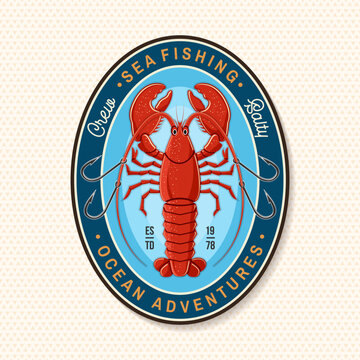 Retro lobster seafood patch vector badge with nautical hooks and vintage ocean adventure style. Marine emblem illustration for fishing clubs, stickers and apparel design