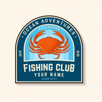 Vintage crab fishing club badge vector patch with retro ocean adventure style. Marine seafood emblem illustration for stickers, apparel and nautical branding design