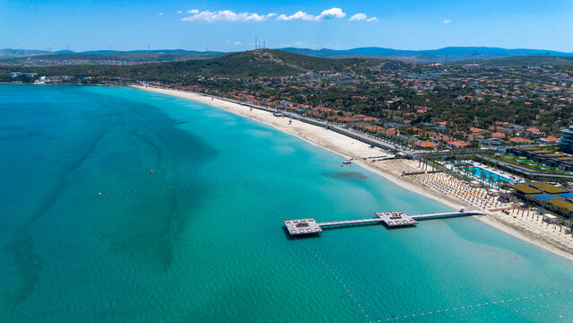 Aerial View of Ilica Beach with Turquoise Sea in Cesme Izmir Turkey