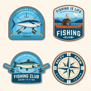 Vintage fishing patch collection with tuna, sea bream, compass and outdoor adventure badges. Retro marine sticker pack vector set for apparel, branding and sport fishing design