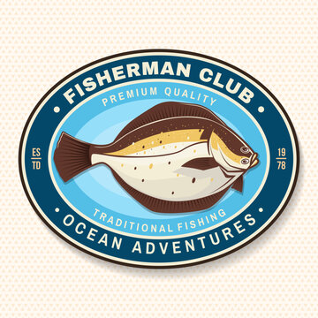 Retro fisherman club patch vector badge with flatfish and vintage ocean adventure design. Marine fishing emblem illustration for apparel, stickers and branding