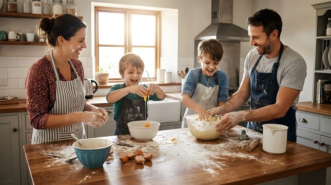 Happy family baking together in a bright kitchen, cracking eggs and mixing dough on a wooden countertop dusted with flour. Father, mother and two sons enjoying cooking and creating memories.