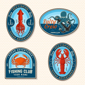 Retro seafood badge collection with lobster, squid, crab and octopus nautical patches. Vintage marine vector sticker set for ocean adventure and apparel design.