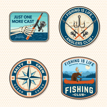 Vintage outdoor anglers patch set with compass, fishing club and wilderness adventure badges. Retro marine vector sticker collection for apparel and sport fishing branding