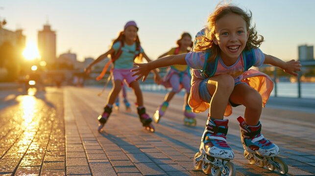 Happy children rollerblading on a city promenade during a beautiful golden sunset