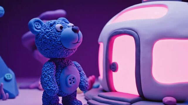 A charming handcrafted blue teddy bear, with button eyes and stitched details, stands intrigued before its glowing futuristic clay dwelling in a whimsical purple dreamscape